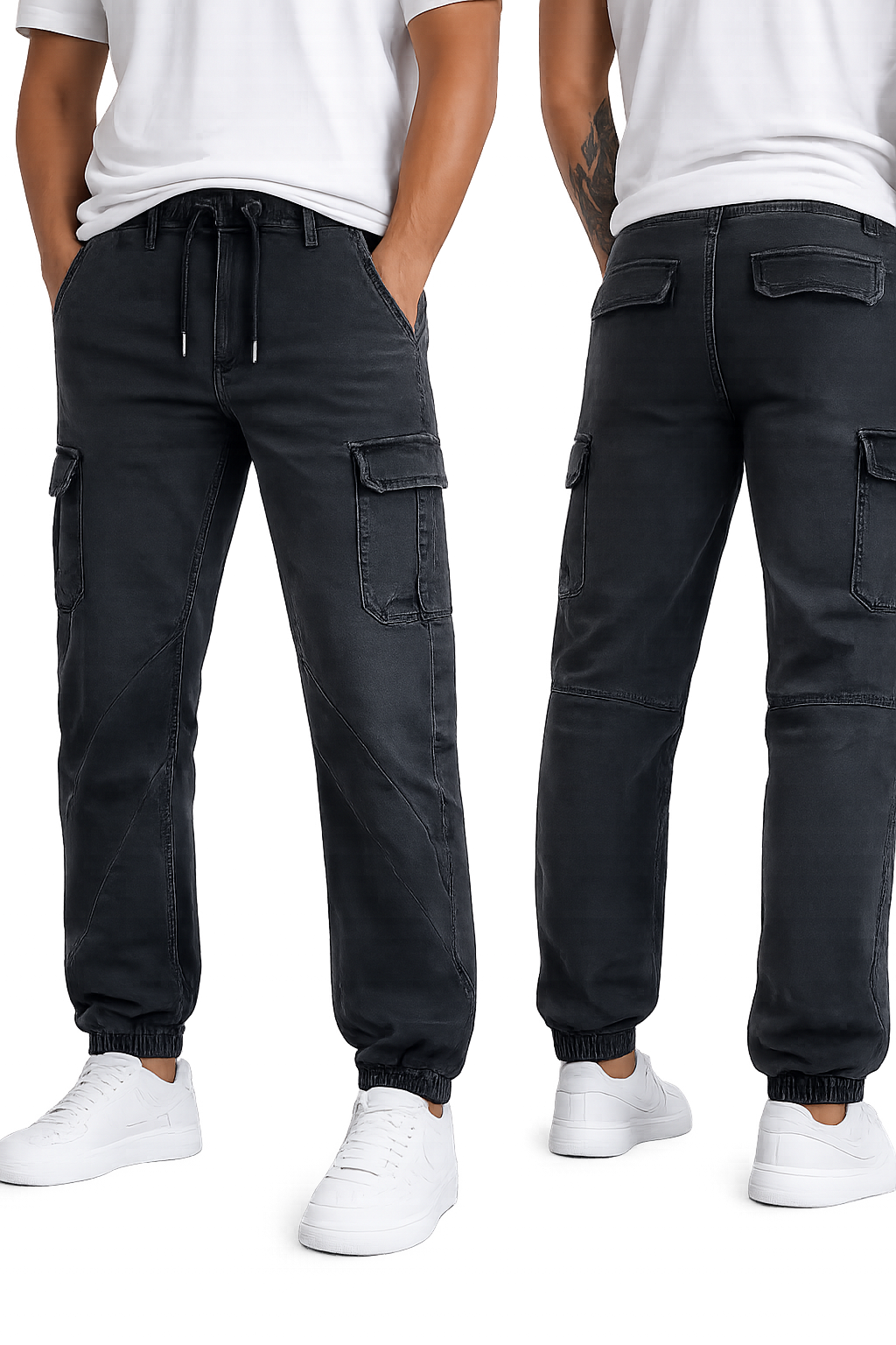 Urban Classics Herren Jeans Stretch schwarz, Cargo Jogger Herren, schwarze Herrenjeans Kordelzug