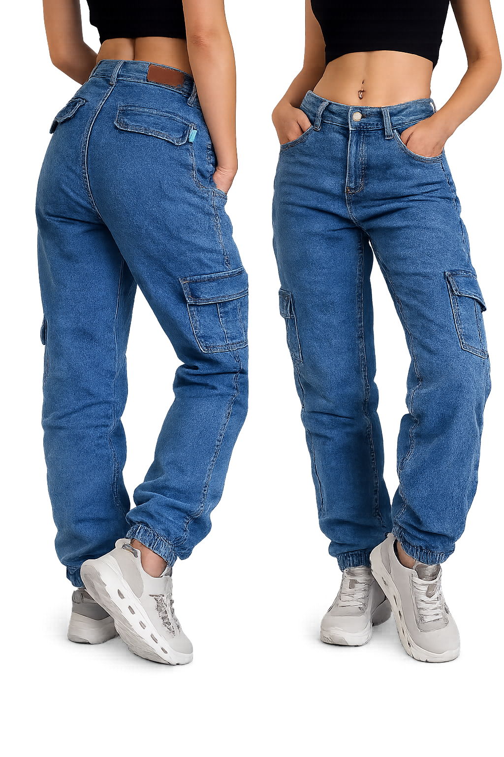 Urban Classics Damen Stretch Jeans blau, Cargo Jeans Damen, Damenjeans mit Taschen